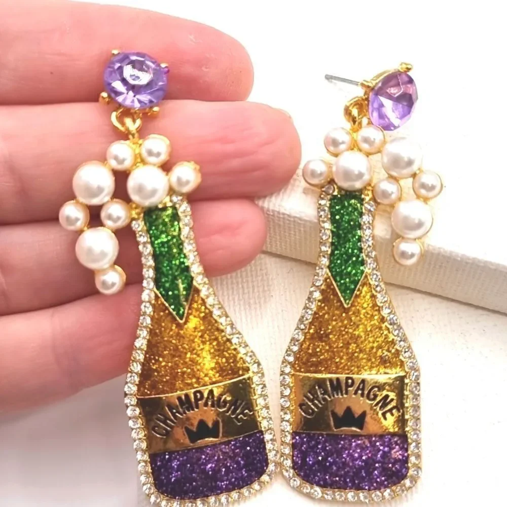 Mardi Gras Chamagne cocktail earrings Rhinestone Pearls |  NEW